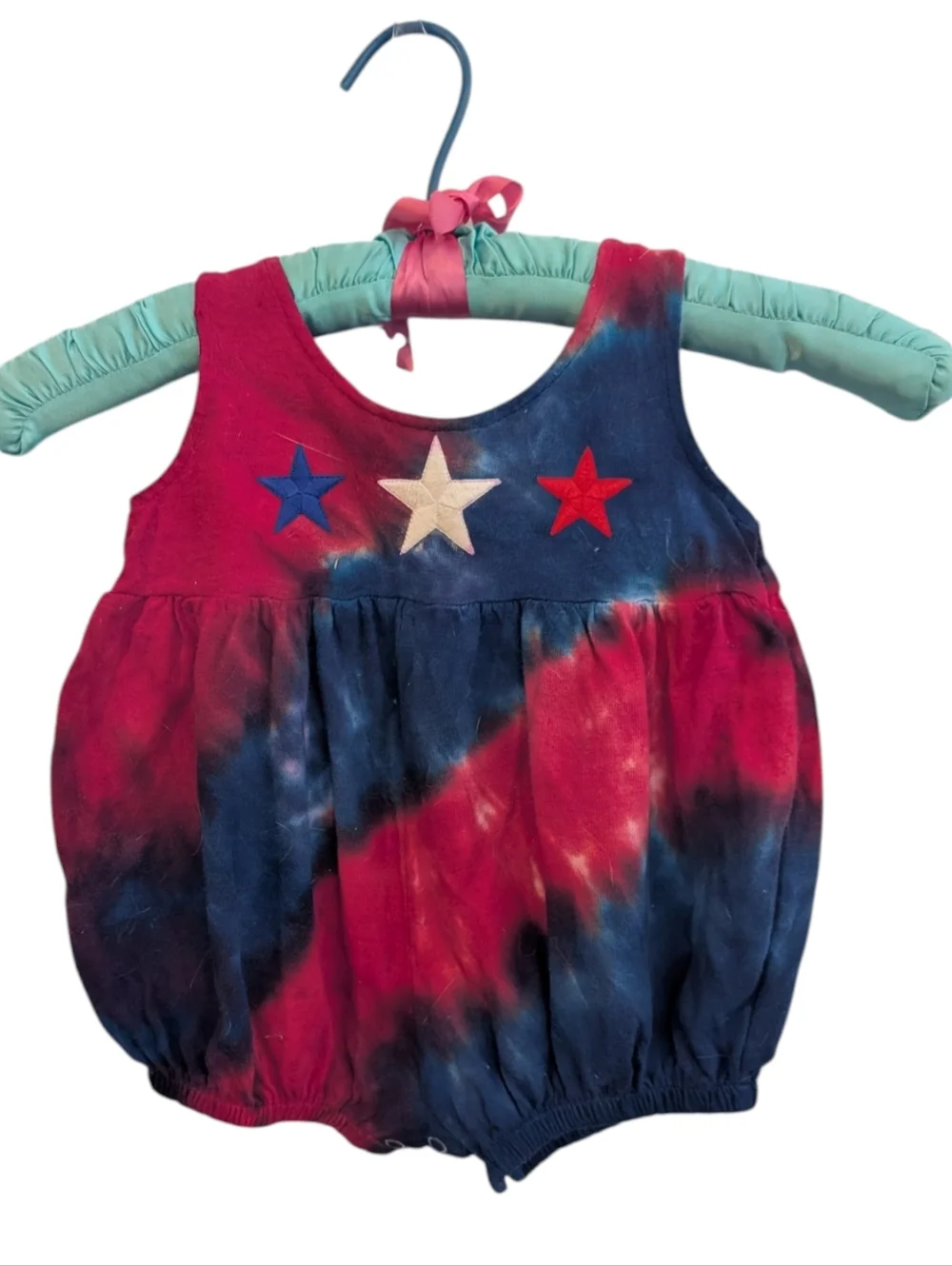 Vintage Infant Red White Blue Tie Dye Bubble Romper Matching Hat Outfit Size 6 M